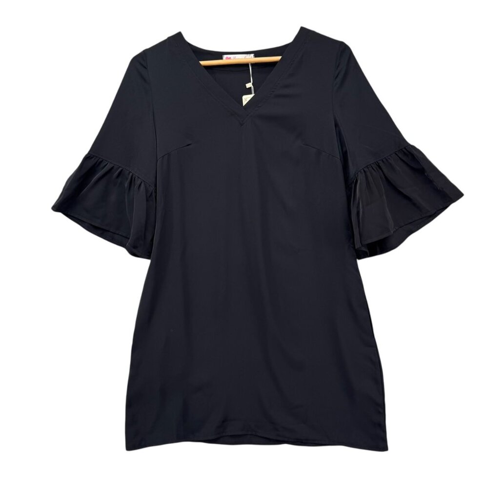Buenos Ninos Mini Shirt Dress Solid Black Short Bell Sleeve V Neck Pullover Sz S